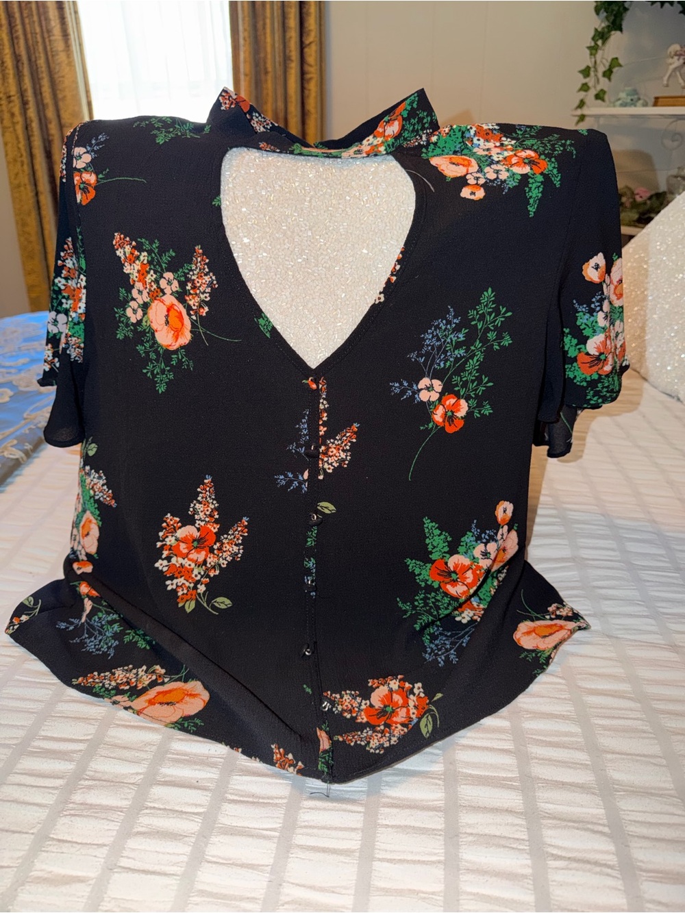 Kaii Black Floral Keyhole Blouse with Orange and Green Accents